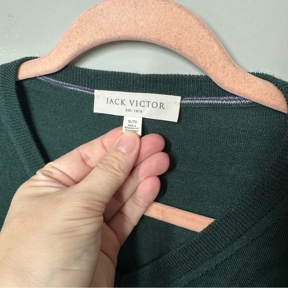 Jack Victor Long Sleeve V Neck Wool Cashmere Silk Sweater Dark Green - Picture 2 of 5